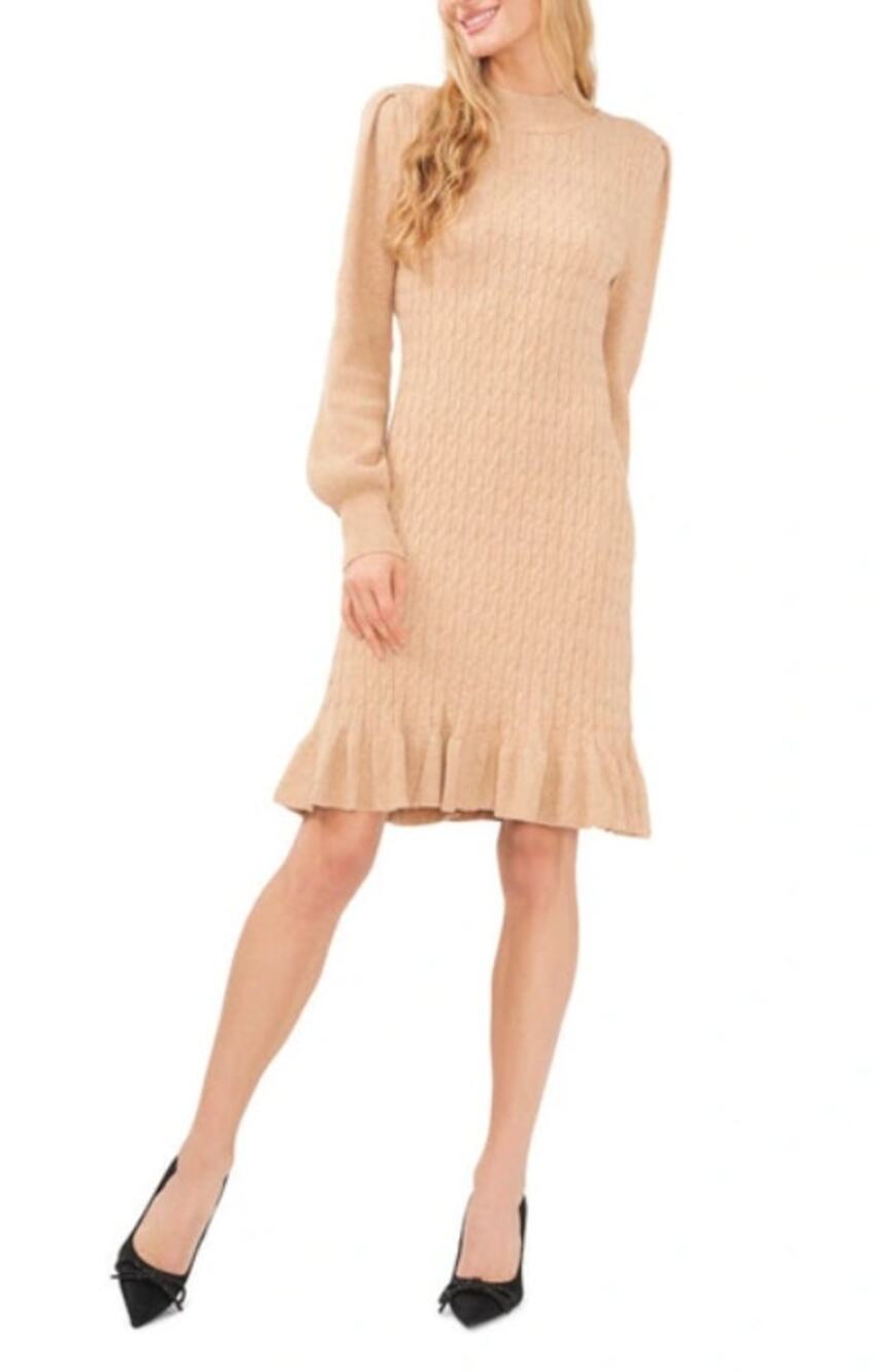 CECE Womens Sweater Dress XS Beige Latte Heather Mock Neck Cable Stitch NWT